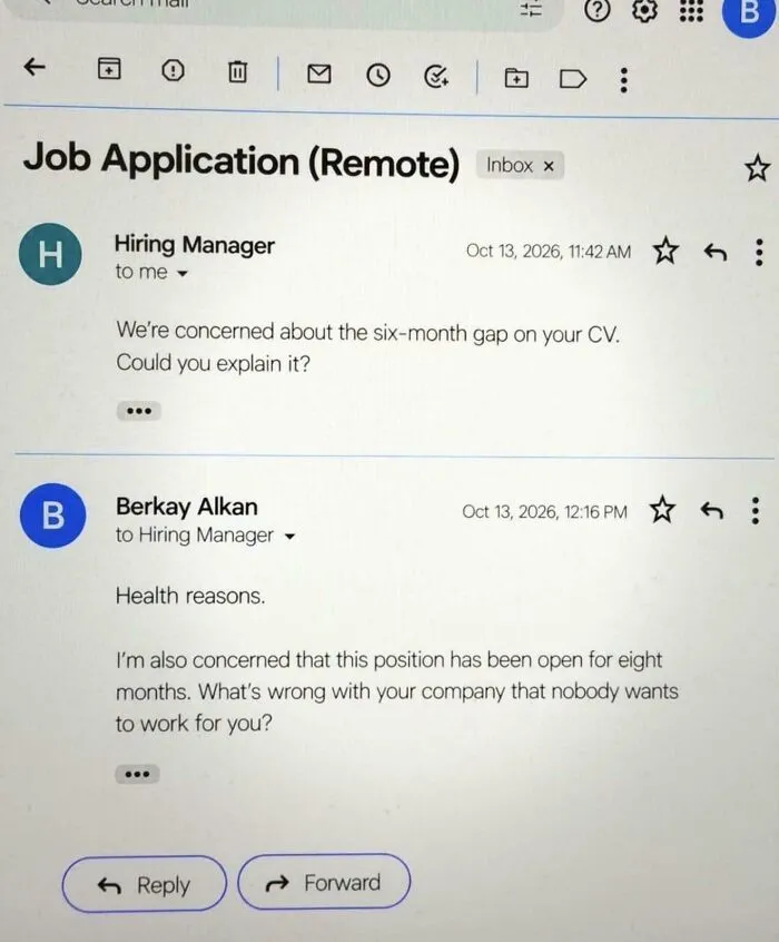 Email exchange between an applicant and manager demonstrating recruiting fails funny pics regarding a CV gap.