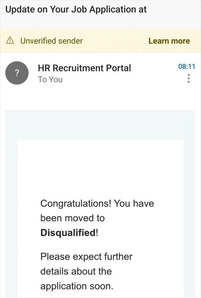 Automated email notification displaying a humorous error stating Congratulations! You have been moved to Disqualified!