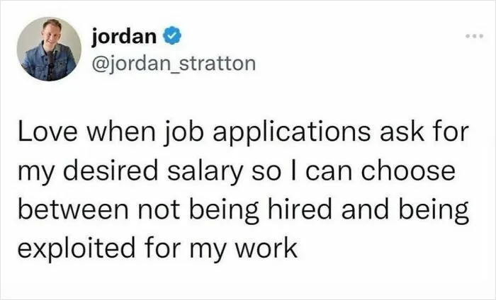Tweet expressing frustration with job application salary fields, illustrating funny recruiting fails.