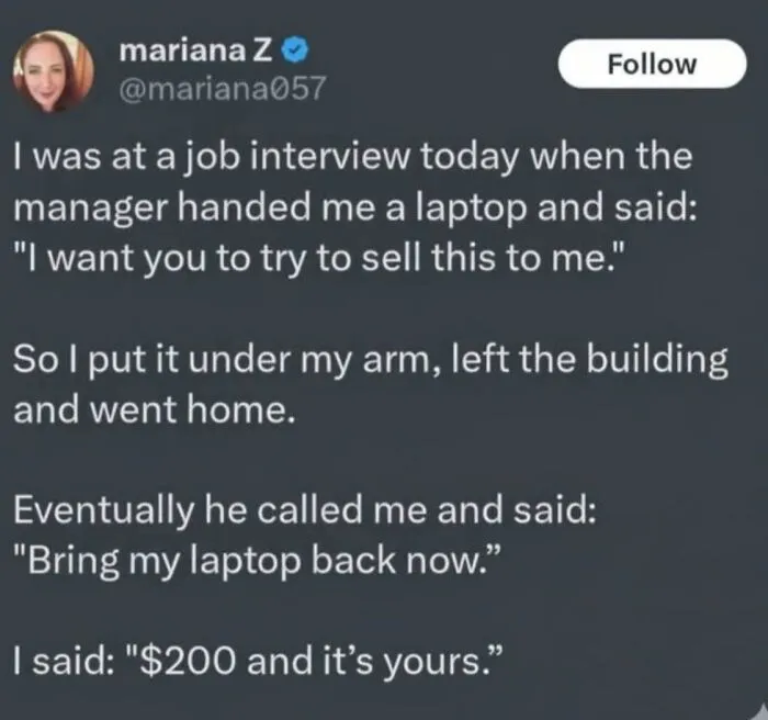 Humorous post about a clever response during a job interview test, shared as funny pics of recruiting fails.
