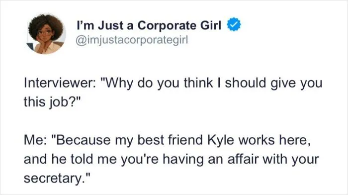 Funny social media post about blackmailing an interviewer, highlighting recruiting fails funny pics.