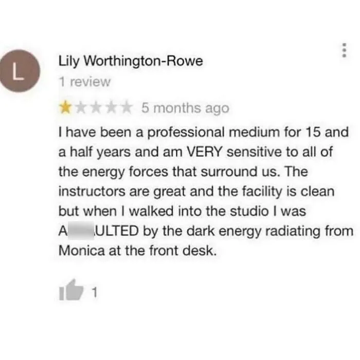 Funny product review by a professional medium complaining about bad energy from front desk staff.