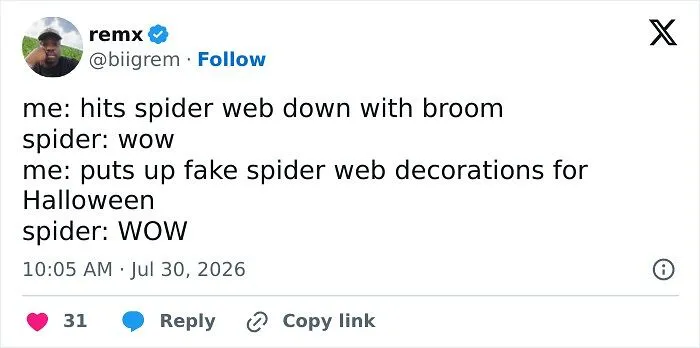 A humorous post by remx about spider webs and fake decorations, featured in relatable Halloween Tweets.