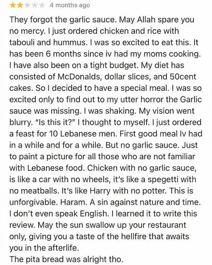 Funny dramatic online food review serving as one of the product reviews that turned shopping into comedy.