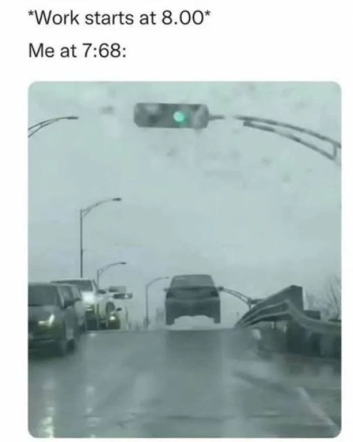 Strange pics of a car airborne on a road with meme text about being late for work.