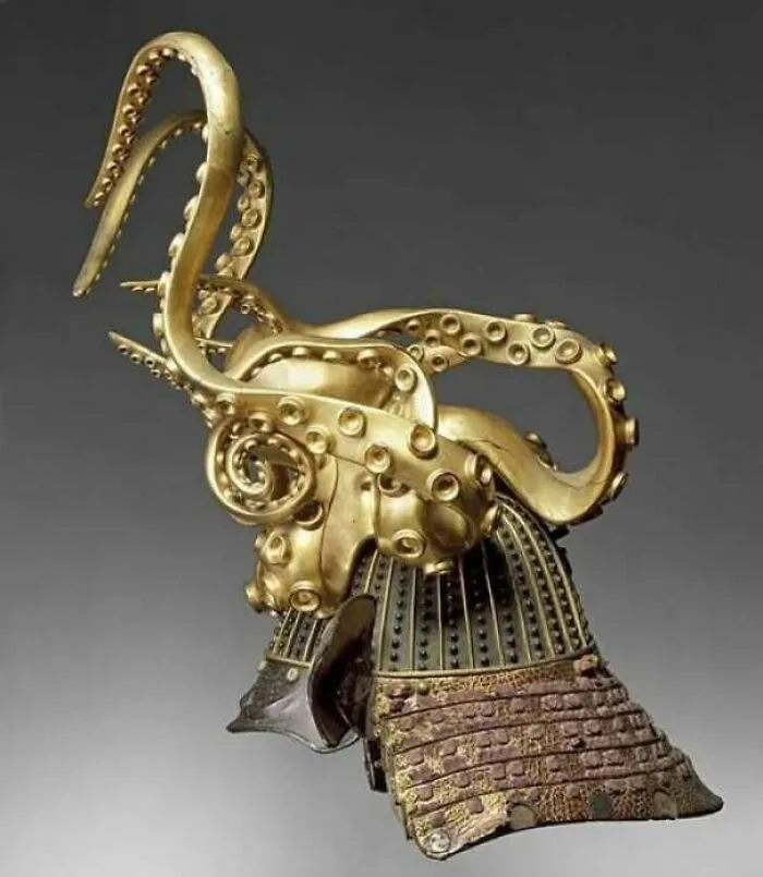 Ancient gold samurai helmet with intricate octopus tentacle design