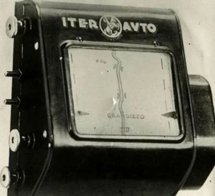 Black and white photo of early car navigation device Iter Avto historical automotive tool