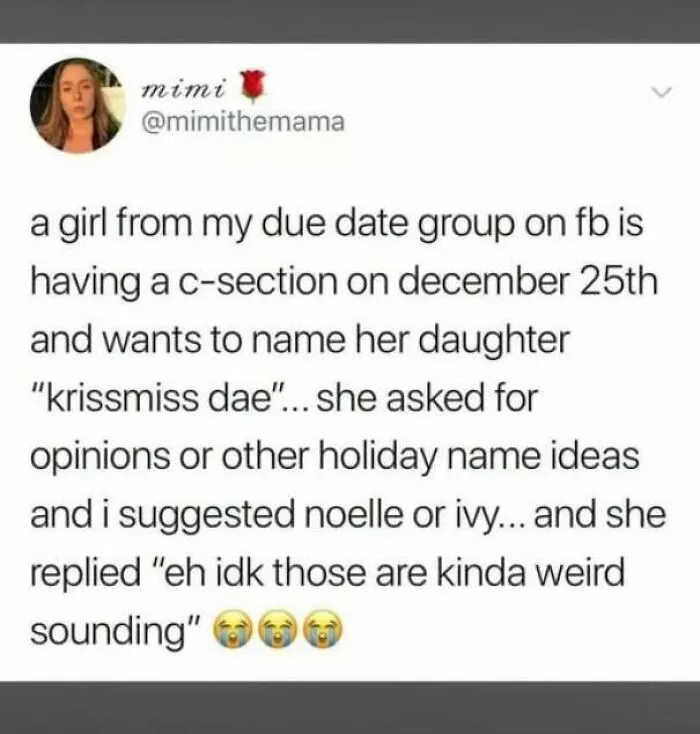 Tweet discussing unusual baby name ideas and holiday name suggestions