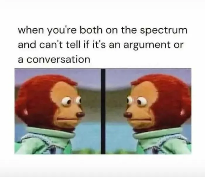 Meme showing confused monkey puppet about argument or conversation on the spectrum