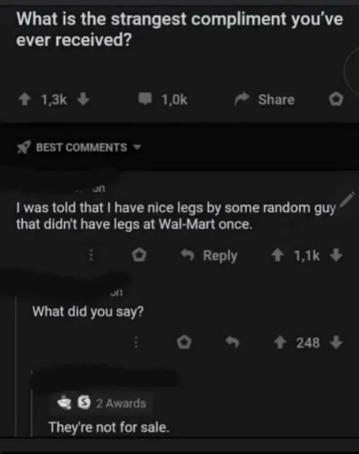 Screenshot of strange compliment post about nice legs from a legless man