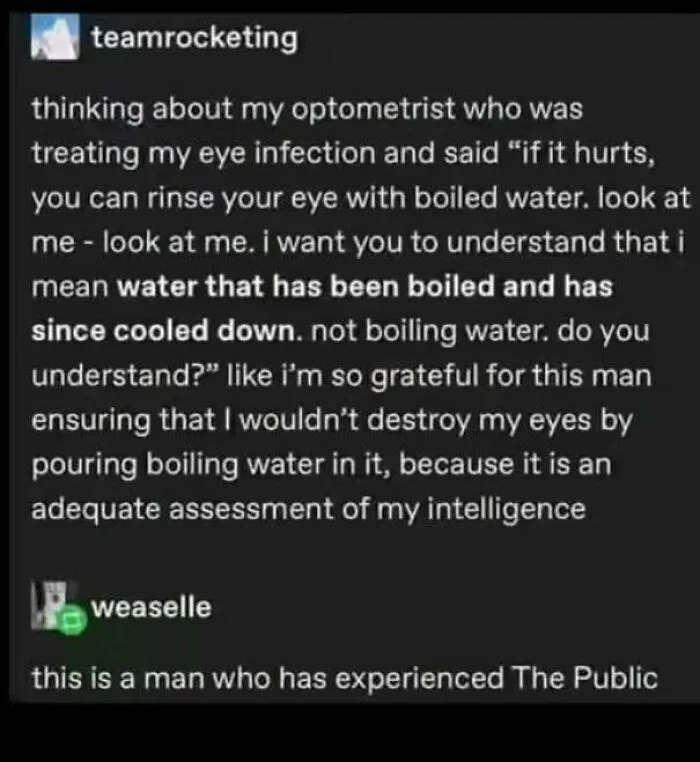 Feral internet post about optometrist explaining use of boiled then cooled water for eye infection