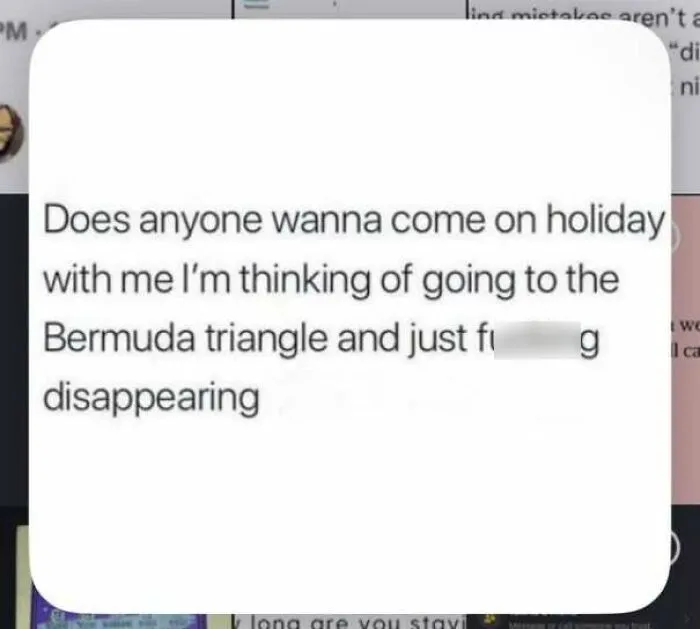 Social media post joking about disappearing in the Bermuda Triangle holiday.