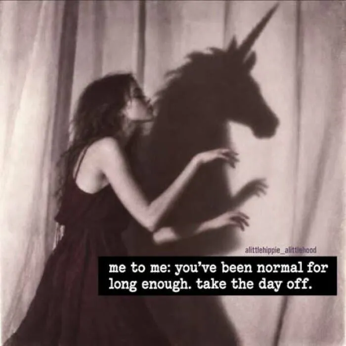 Woman casting unicorn shadow with text about being normal and taking a day off feral internet posts