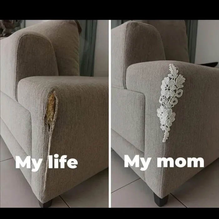 Before and after comparison of a torn sofa armrest repaired with decorative floral lace embroidery
