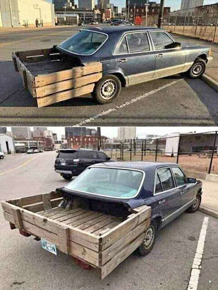 A car modified with a wooden truck bed, showcasing creative Slavic engineering.