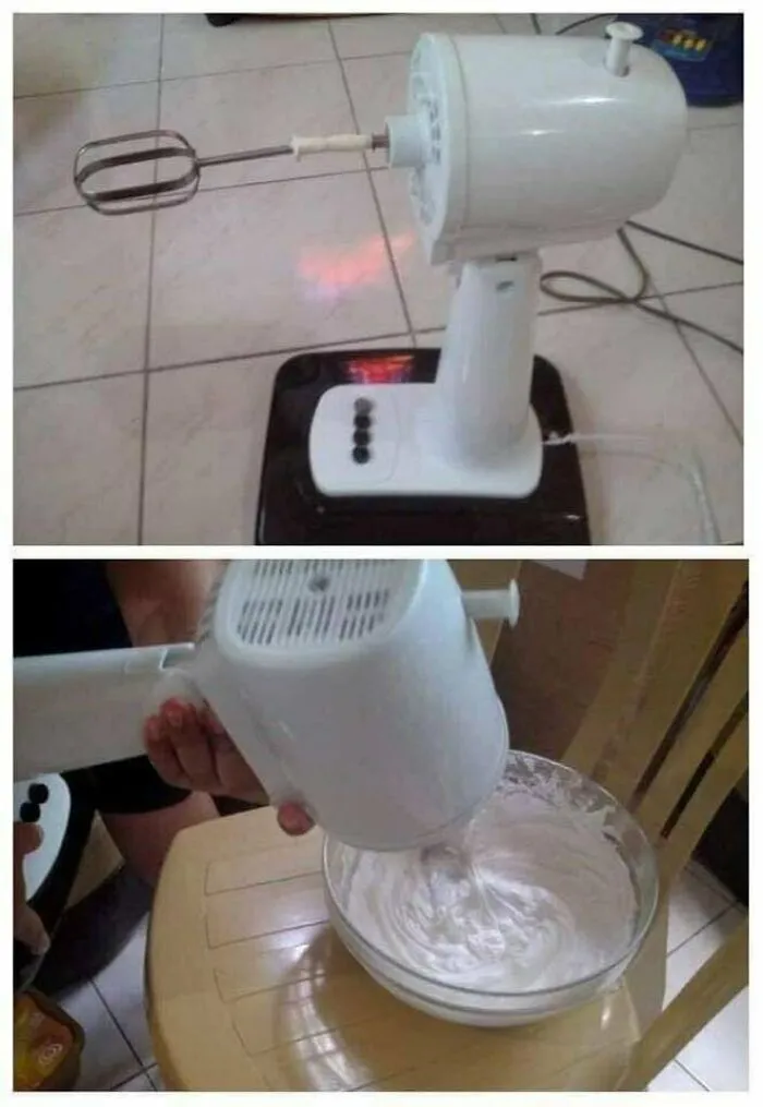 A desk fan converted into a hand mixer, showcasing unhinged Slavic engineering.