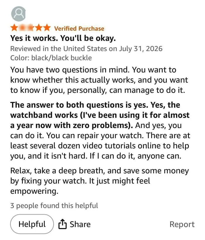 Positive Amazon review about watchband saying it works well and is easy to fix.