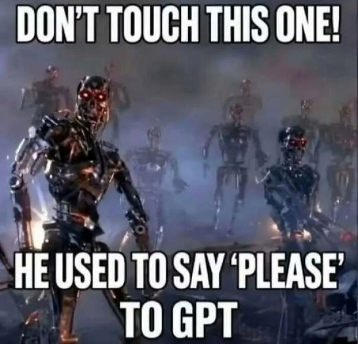 Meme with robot saying not to touch because it used to say please to GPT