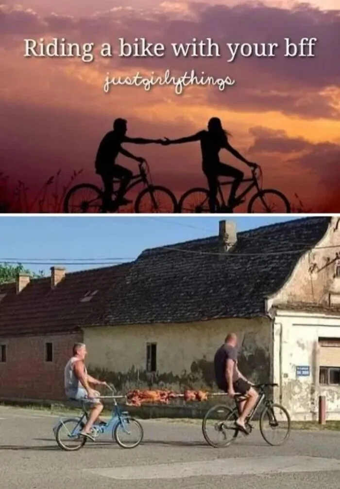 Two men riding bicycles while carrying a spit-roasted pig, a funny example of Slavic engineering.