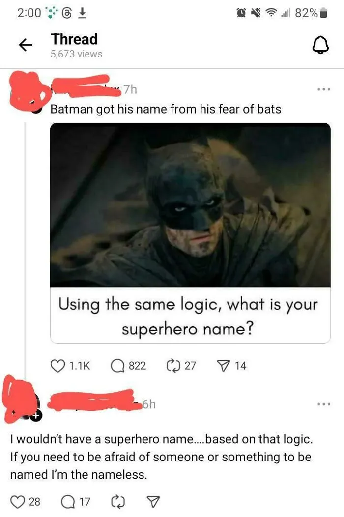 Social media post discussing superhero names referencing Batman