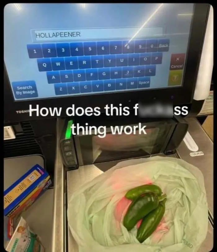 Self-checkout screen with misspelled word and peppers in bag questioning machine's function
