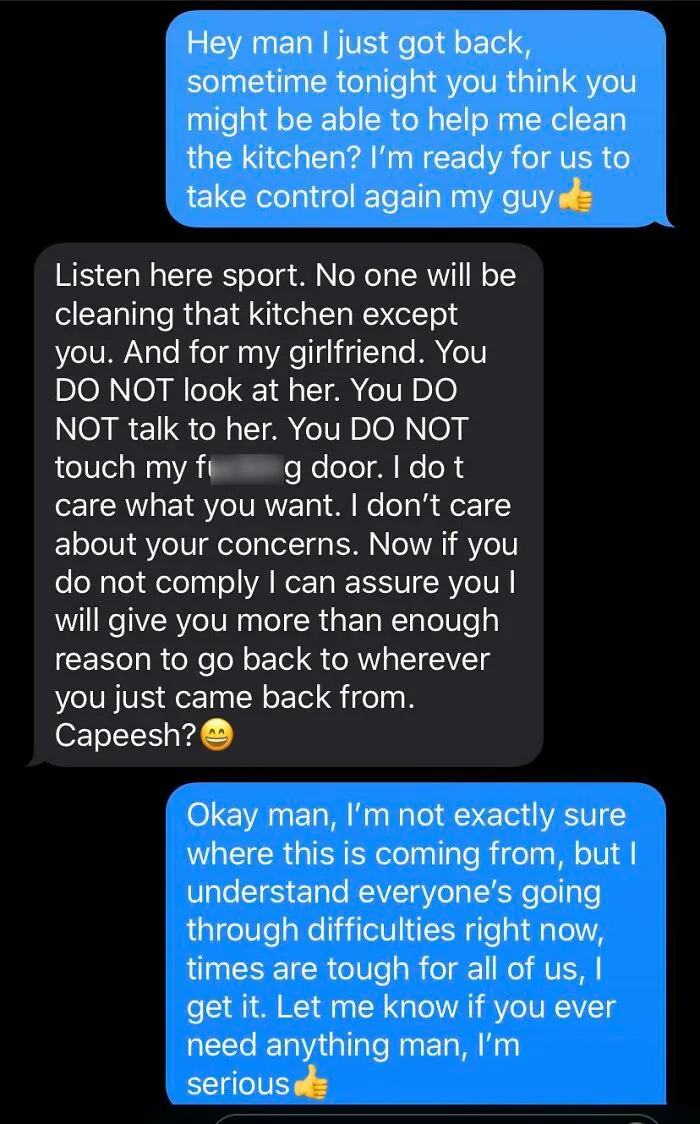 Text exchange with aggressive tone over kitchen cleaning control
