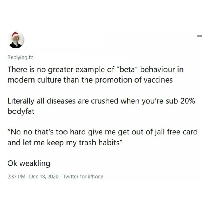 Tweet criticizing vaccine promotion as weak beta behavior