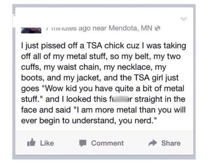 Social media post bragging about having more metal items than TSA agent