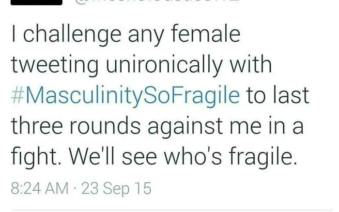 Tweet challenging females with hashtag MasculinitySoFragile to fight three rounds