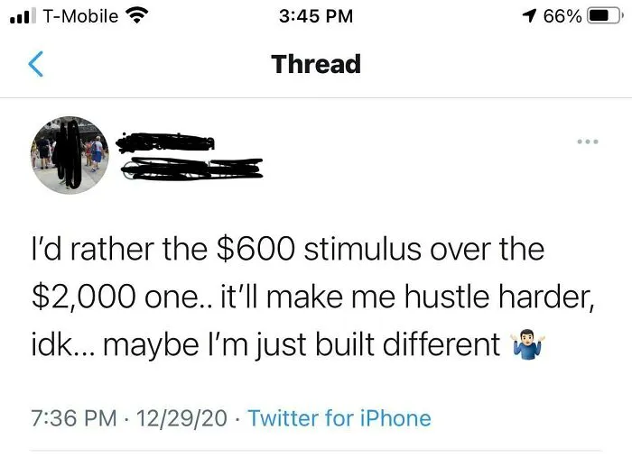 Tweet preferring 600 dollar stimulus over 2000 dollar one to hustle harder