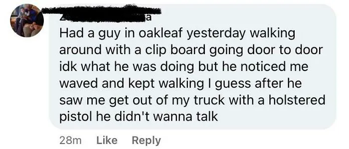 Comment about man with holstered pistol intimidating door-to-door visitor