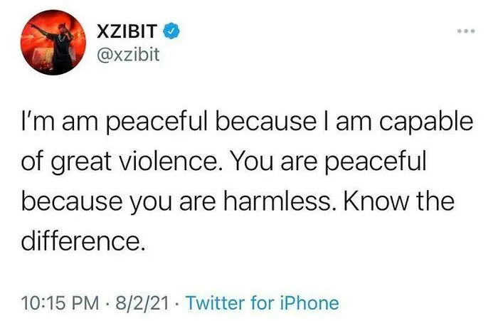 Tweet about being peaceful due to capability of great violence tough online post