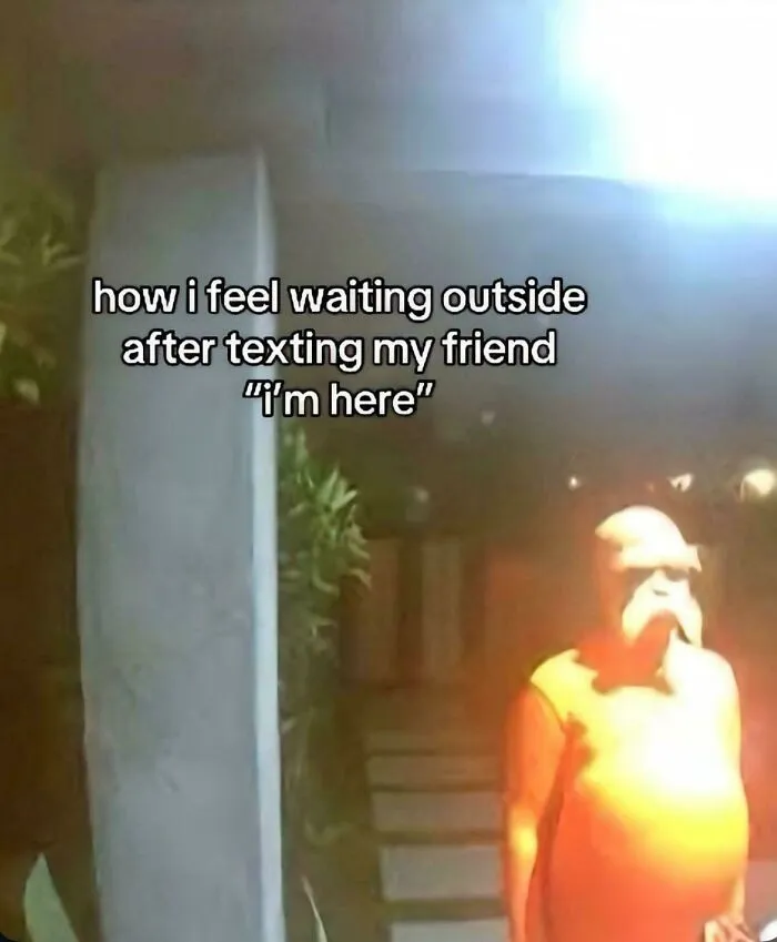 Cursed image of surreal figure waiting outside after texting friend I'm here