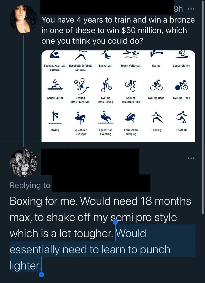 Social media post about training four years to win boxing and needing to learn to punch lighter