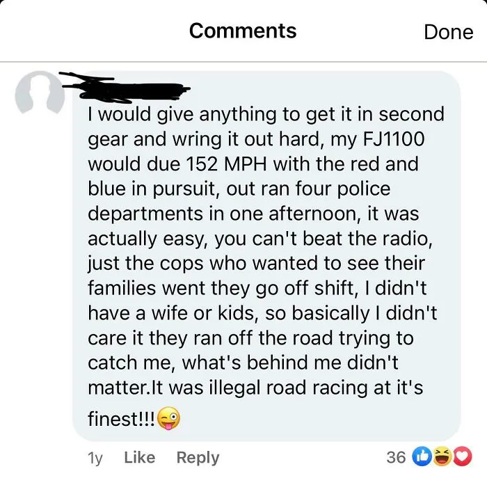 Comment boasting about illegal high-speed road racing on motorcycle outrunning police