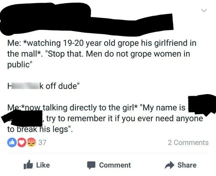 Facebook post threatening to break legs over public groping awkward toughness