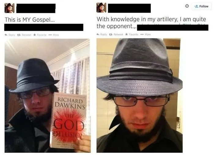 Man in fedora and glasses holding a book to look tough in awkward online photo