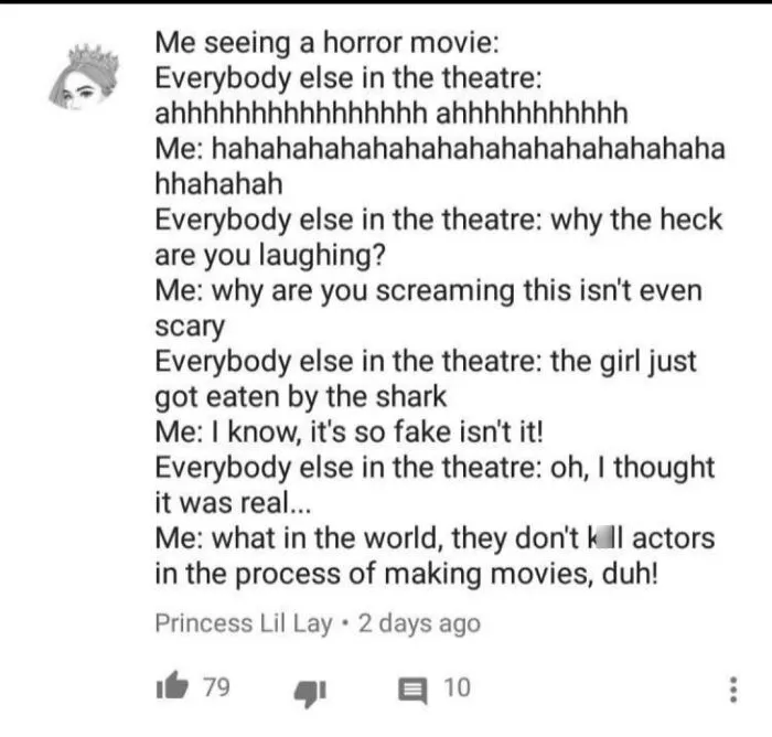 Funny comment about being scared of horror movies in an awkward online attempt