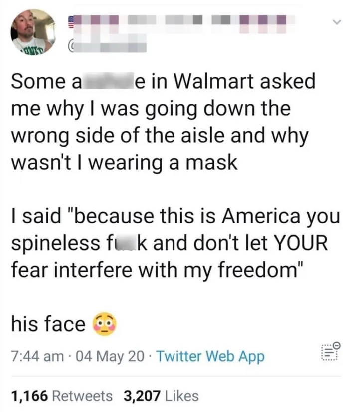 Twitter post about a Walmart confrontation using tough online language