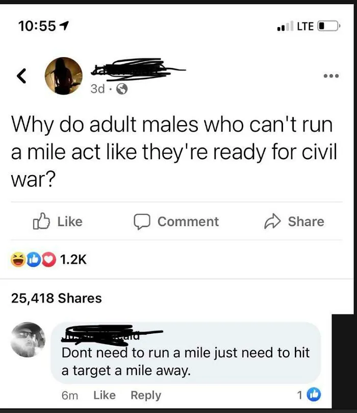 Facebook post questioning tough men ready for civil war with a sarcastic reply