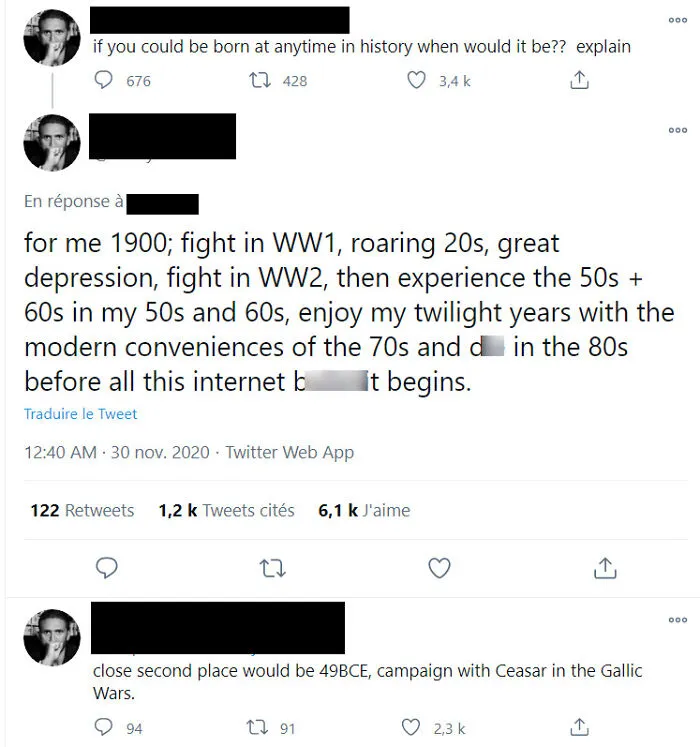 Twitter user describing dramatic historical life choices in a tough online persona