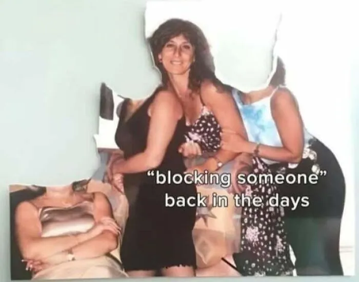 Funny pics of cut-up printed photo showing old school blocking