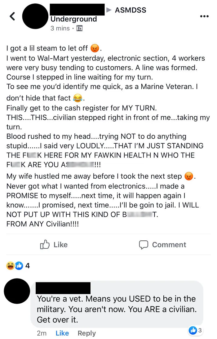 Marine veteran angrily confronts civilian for cutting in line, trying too hard to look tough online