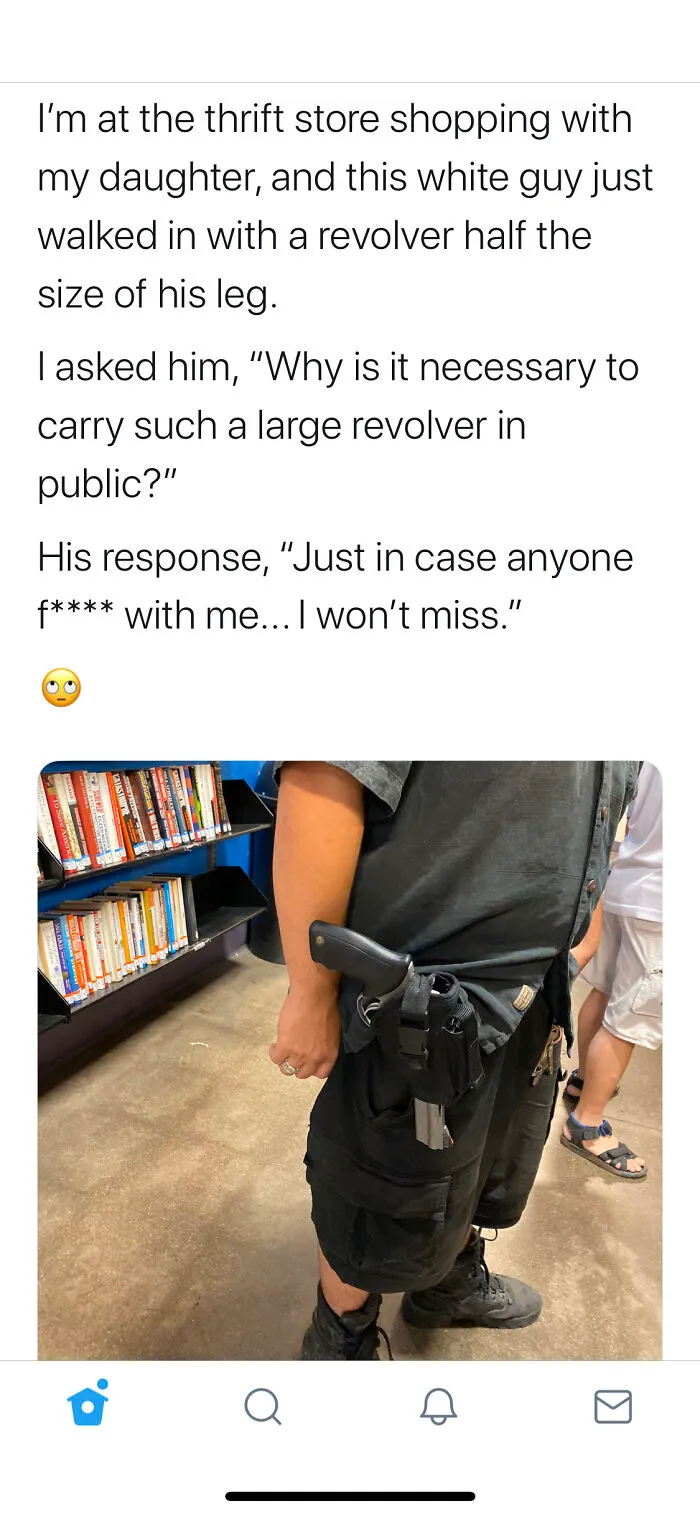 Man carrying large revolver holstered on leg in store to look tough online
