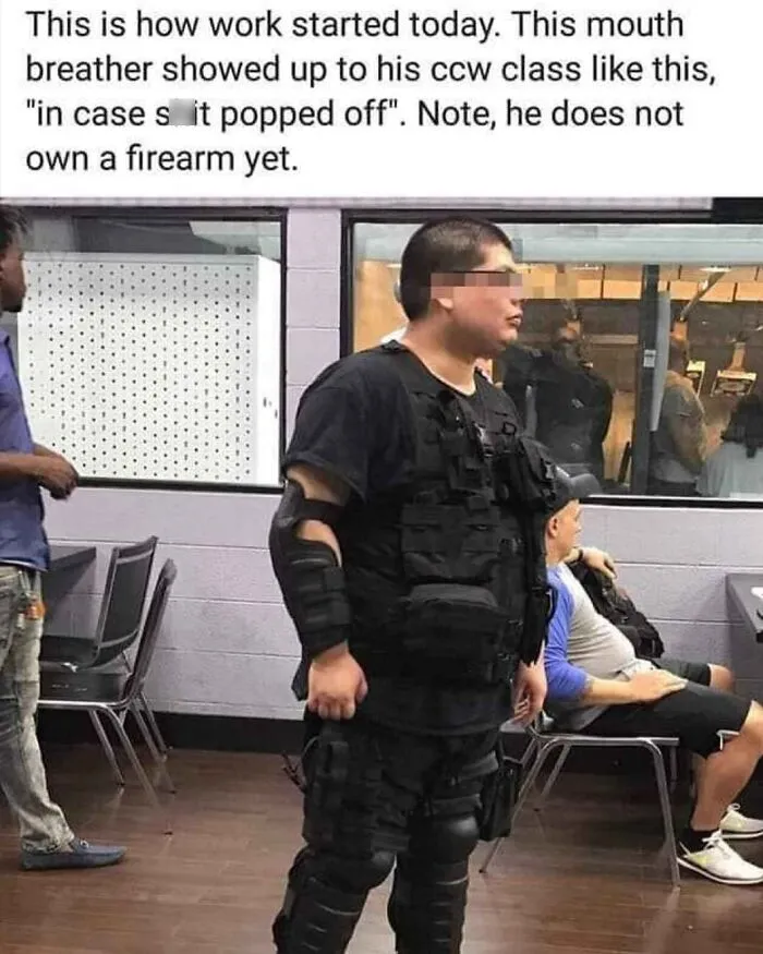 Man in tactical gear at CCW class without owning a firearm, awkward tough look online