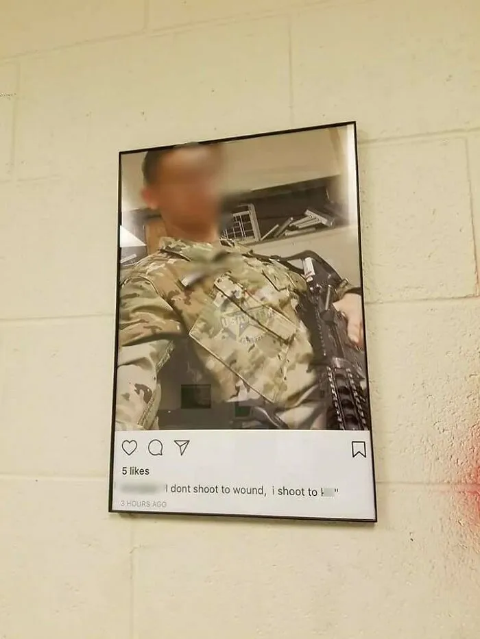 Blurred soldier holding rifle with a tough Instagram caption about shooting