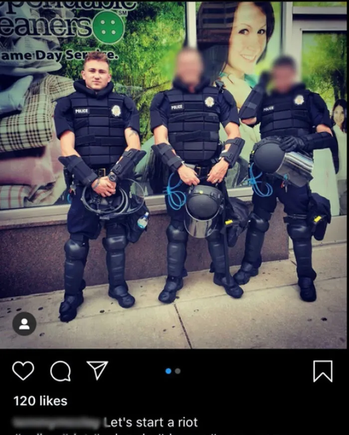 Three police officers in riot gear posing with a caption about starting a riot
