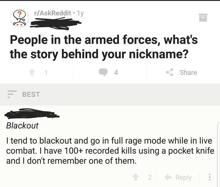 Reddit post about armed forces nickname involving blackout rage mode