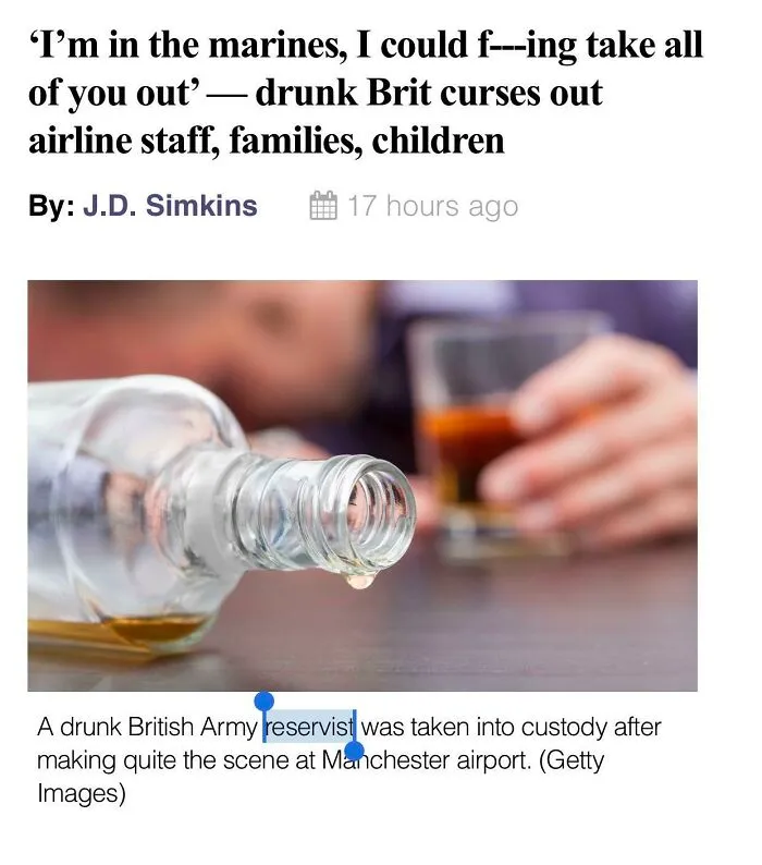 News headline about drunk British Army reservist causing airport scene