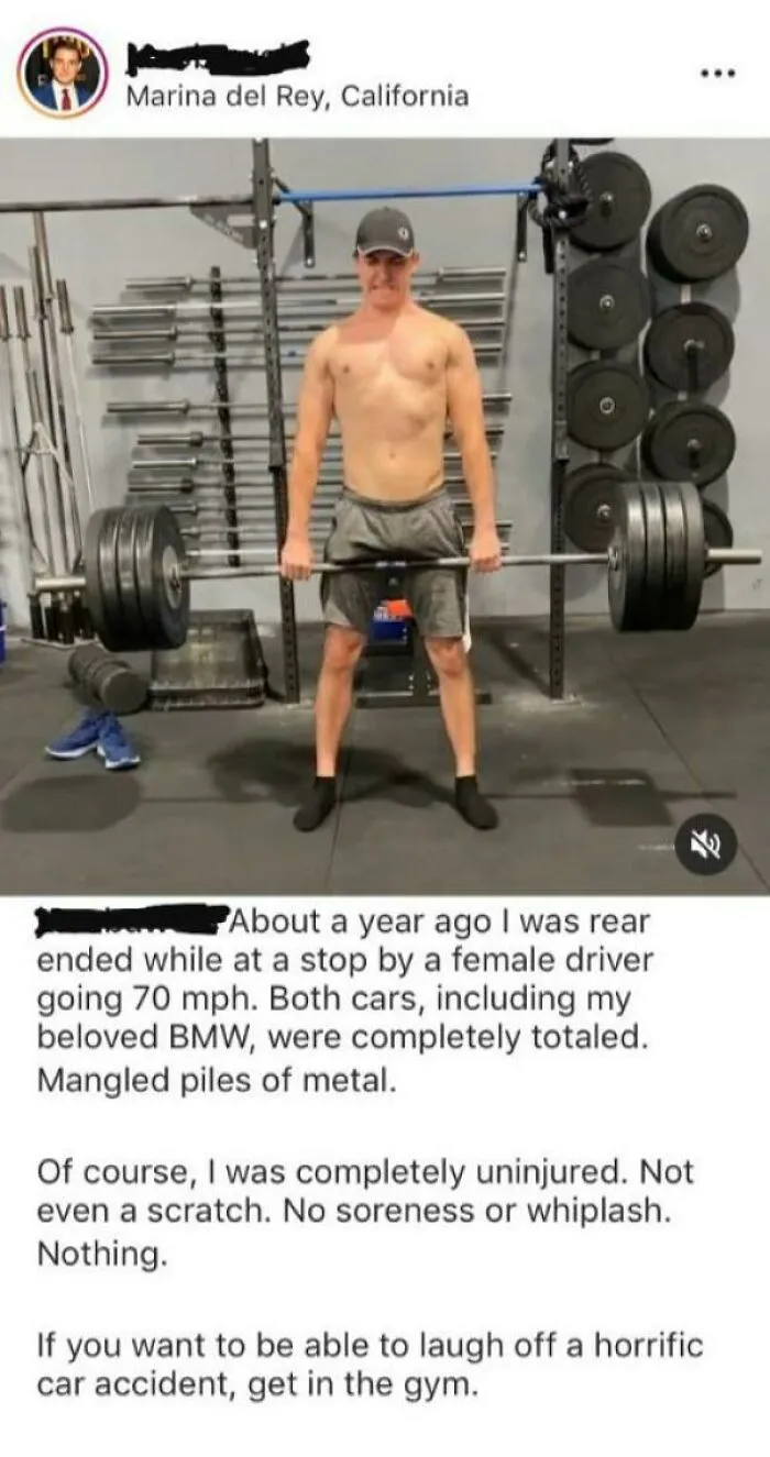 Man lifting weights with story of surviving car accident uninjured